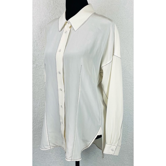 ALEXIS • 100% Silk White/Black Contrast Long Sleeve Button-Down Shirt, S - Picture 3 of 13